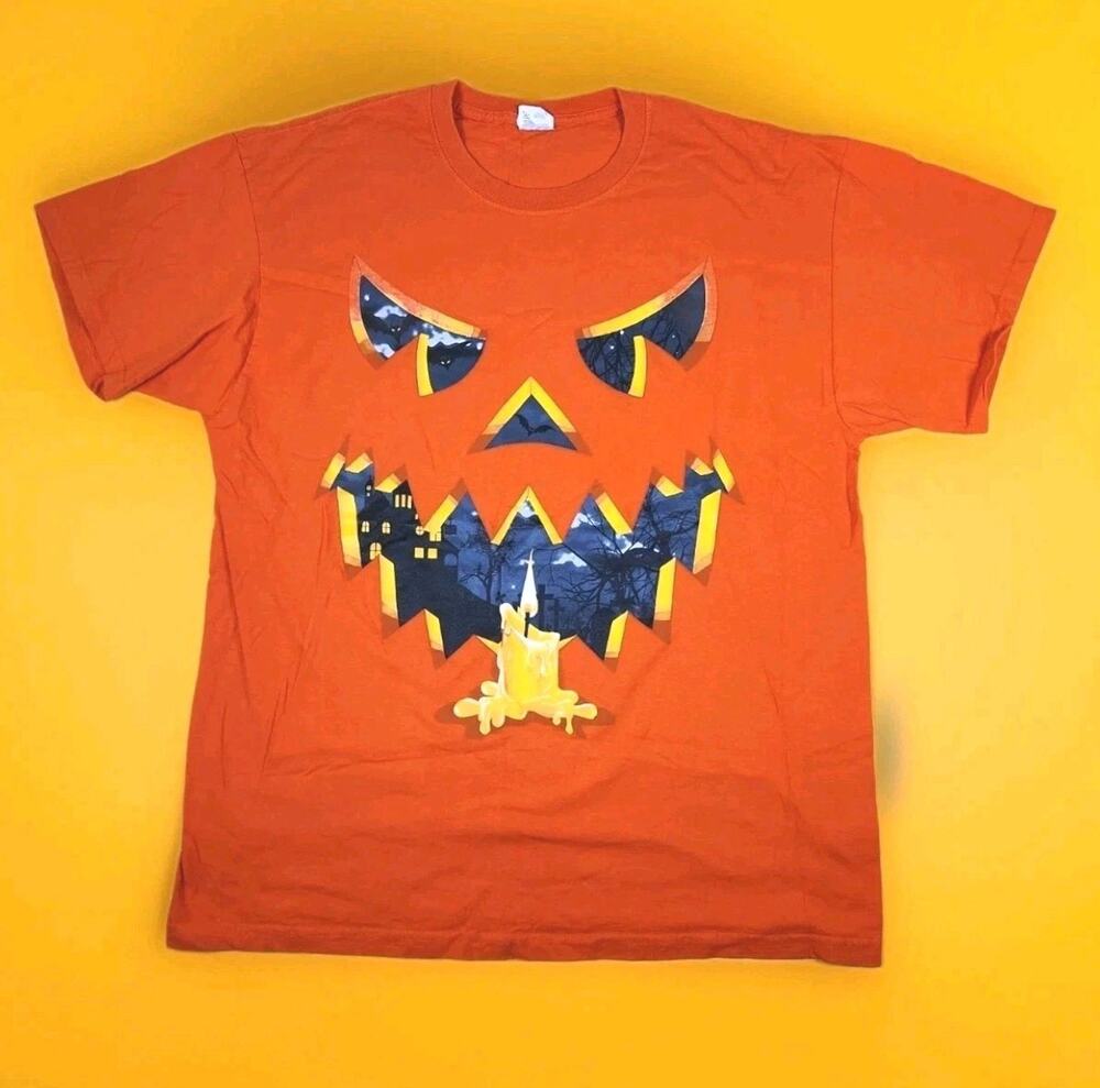 Vintage Y2K Jerzees Halloween Pumpkin Haunted House T Shirt Large XL Orange Tee